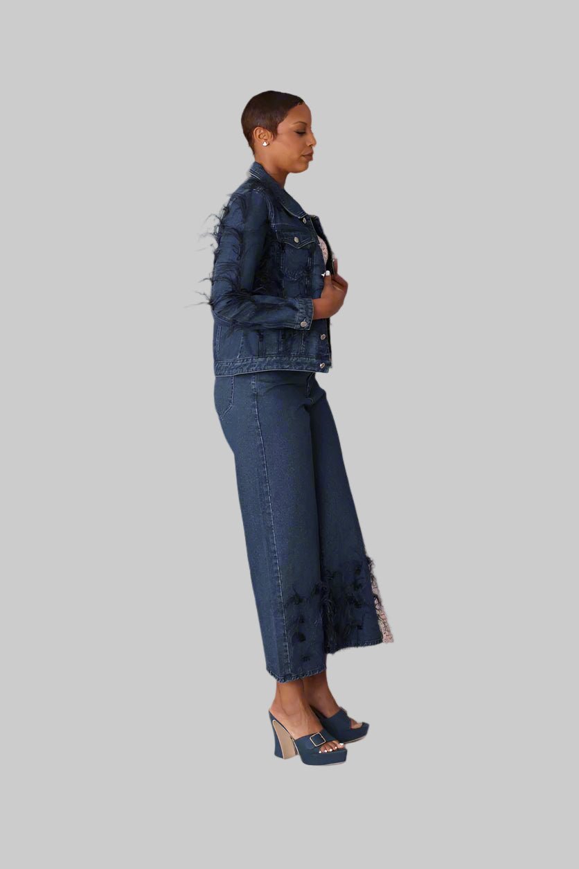 Feather Trim Denim Jacket - 82303 - Especially Yours