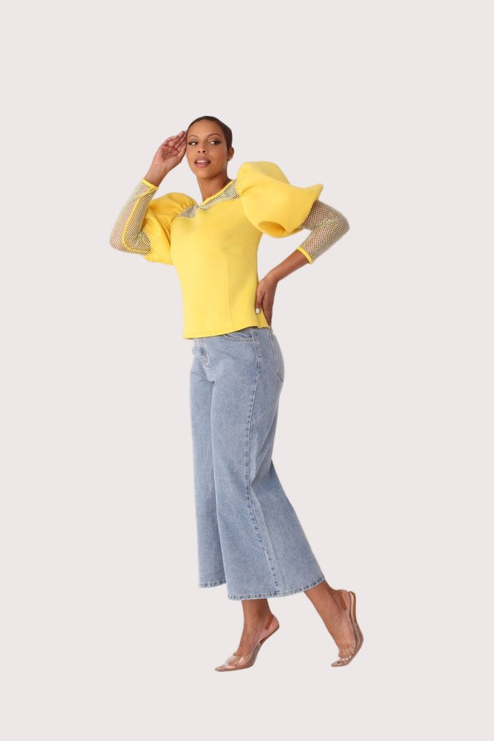 Black Rhinestone Mesh Yoke Puff Sleeve Top - 82233 - Especially Yours