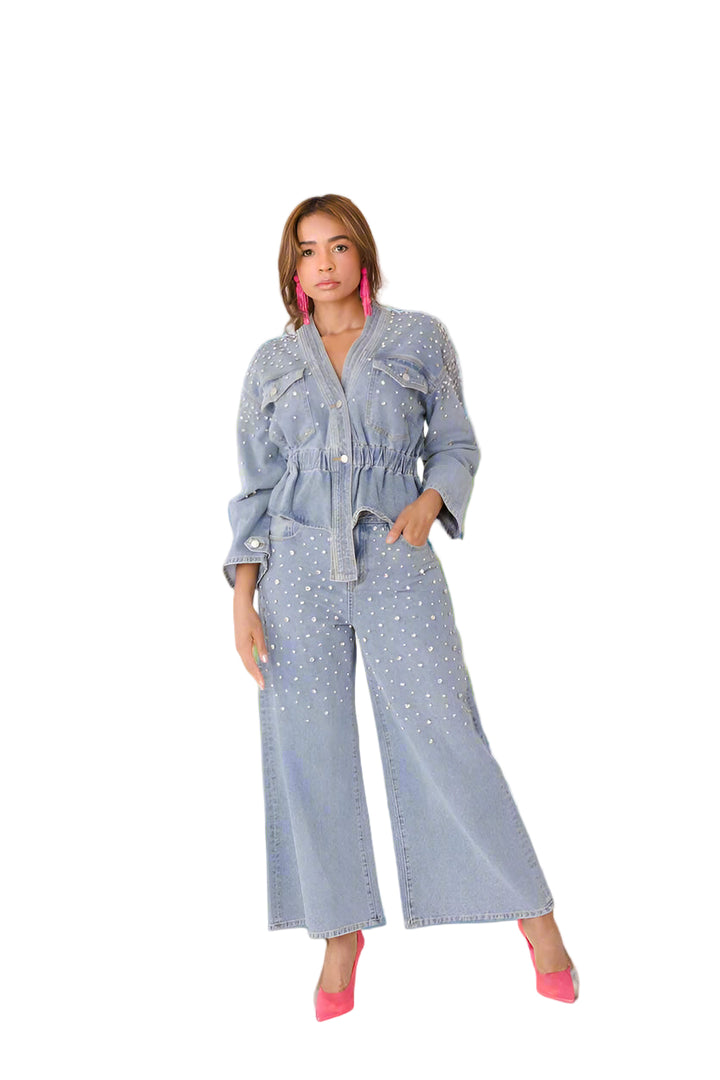 Pearl Cascade Peplum Denim Jacket - 82325