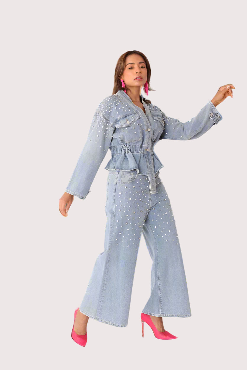 Pearl Cascade Peplum Denim Jacket - 82325