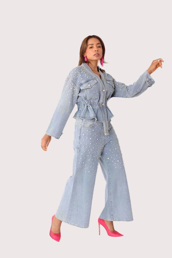 Pearl Cascade Peplum Denim Jacket - 82325