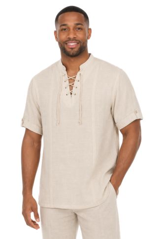 Men's Beachwear Henley Lace Up Shirt Short Sleeve