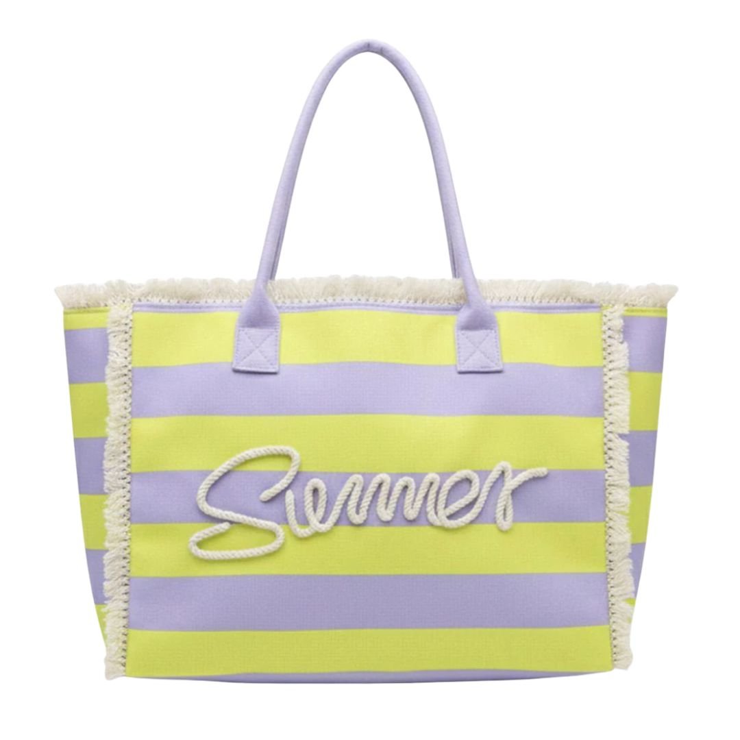 SUMMER Message Embroidered Fringe Striped Tote Beach Bag - Especially Yours