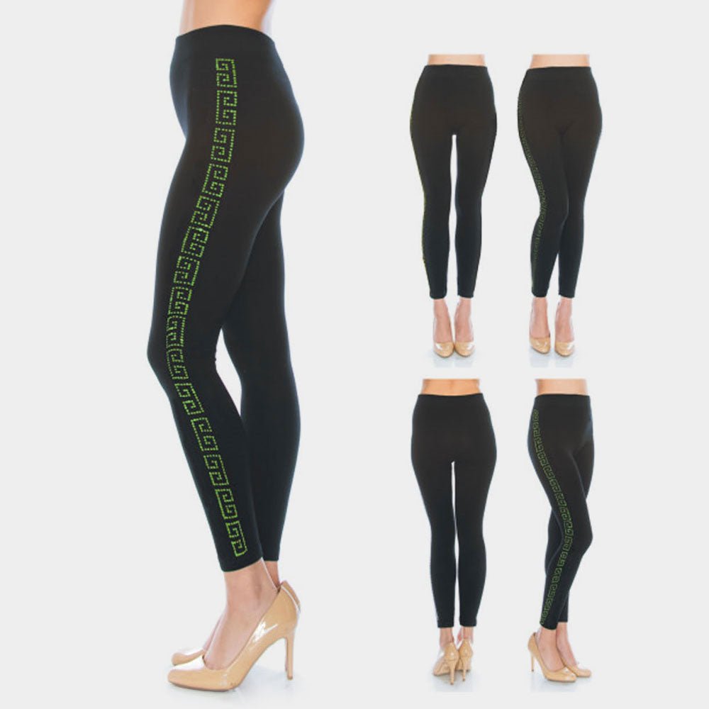 Greek Pattern Rhinestone Pave Lines Detail Leggings - Especially Yours