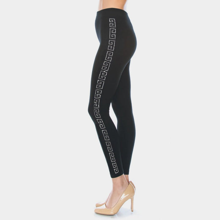 Greek Pattern Rhinestone Pave Lines Detail Leggings - Especially Yours