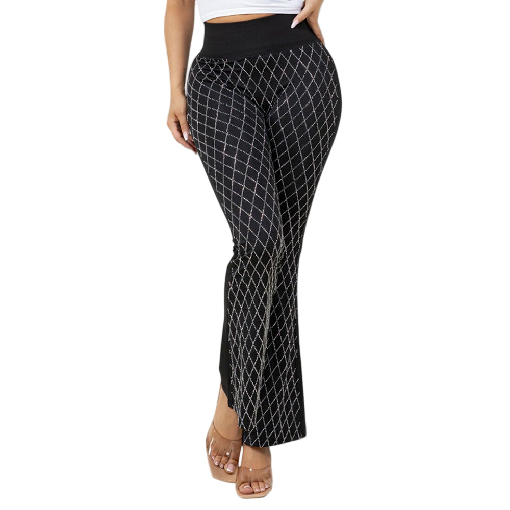 High Waisted Bling Studded Diamond Pattern Flare Leggings - Especially Yours