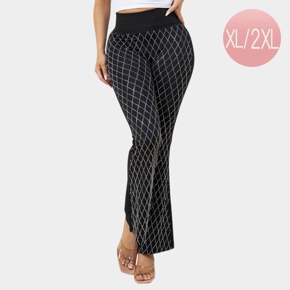 High Waisted Bling Studded Diamond Pattern Flare Leggings - Especially Yours