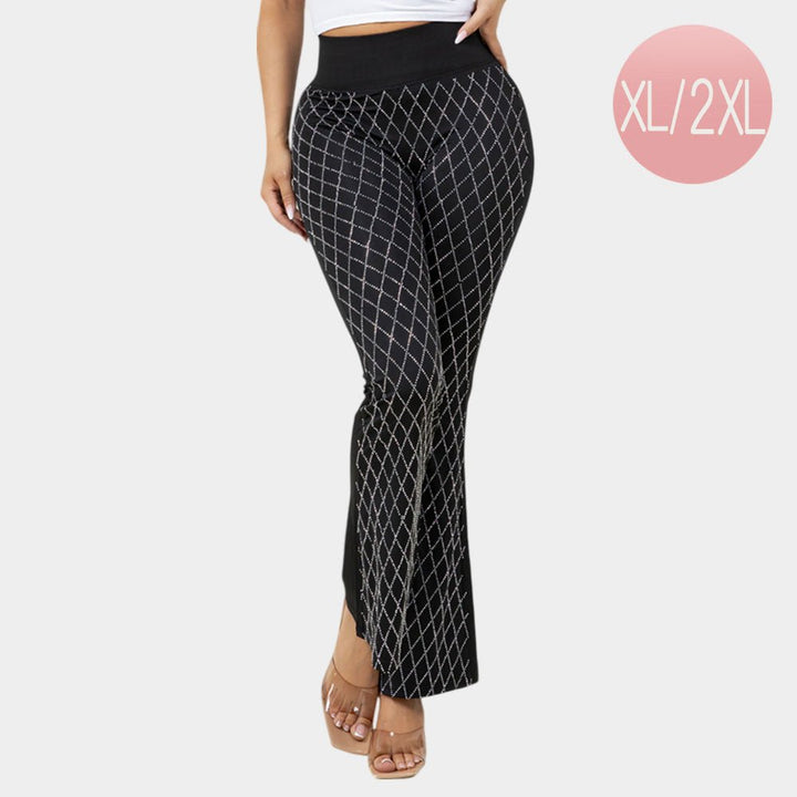 High Waisted Bling Studded Diamond Pattern Flare Leggings - Especially Yours