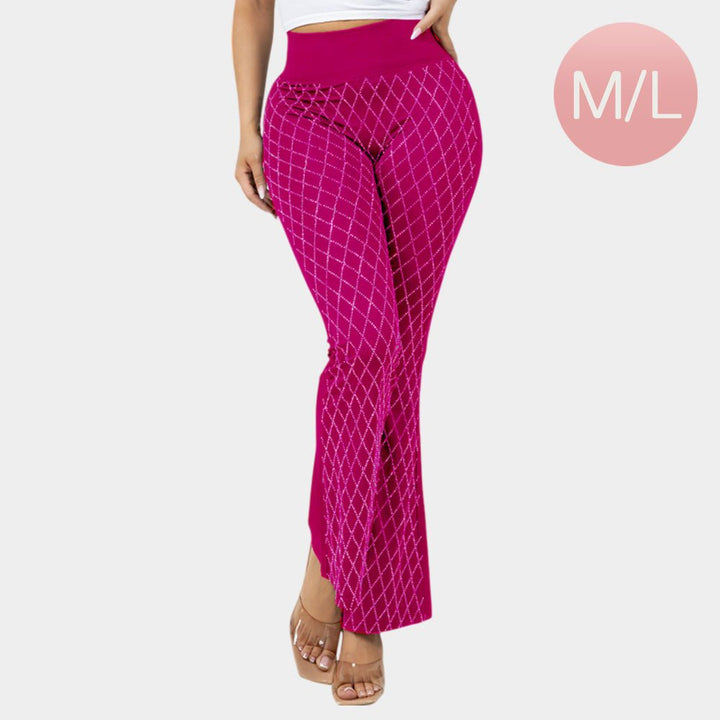 High Waisted Bling Studded Diamond Pattern Flare Leggings - Especially Yours