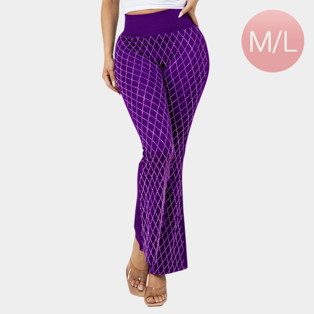 High Waisted Bling Studded Diamond Pattern Flare Leggings - Especially Yours