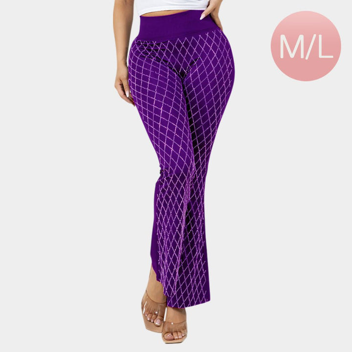 High Waisted Bling Studded Diamond Pattern Flare Leggings - Especially Yours