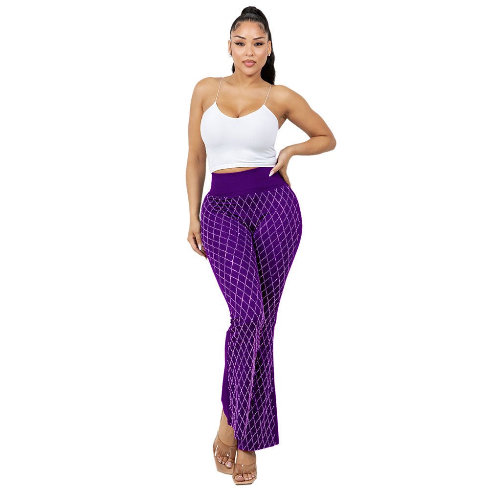High Waisted Bling Studded Diamond Pattern Flare Leggings - Especially Yours