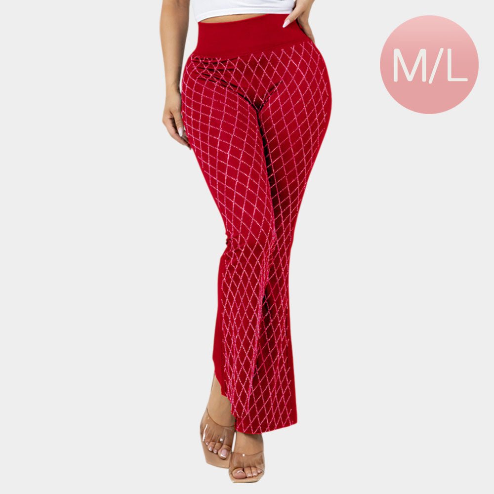 High Waisted Bling Studded Diamond Pattern Flare Leggings - Especially Yours