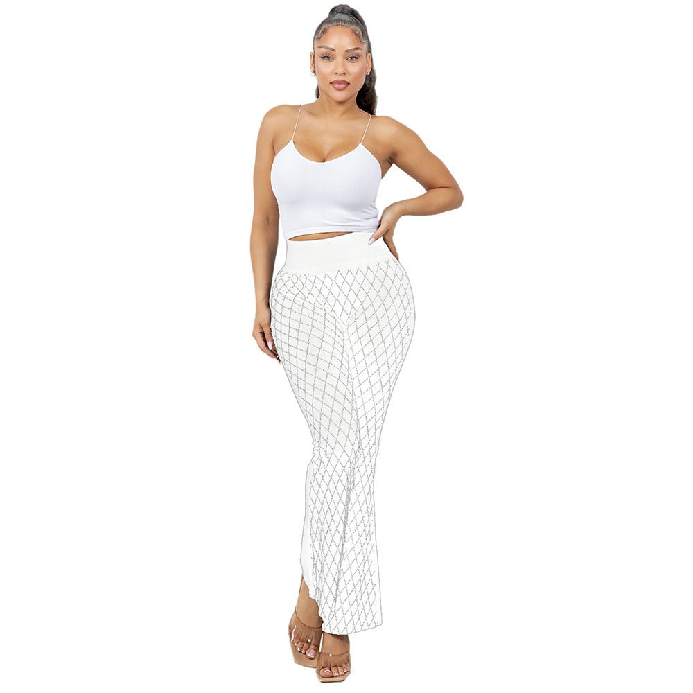 High Waisted Bling Studded Diamond Pattern Flare Leggings - Especially Yours