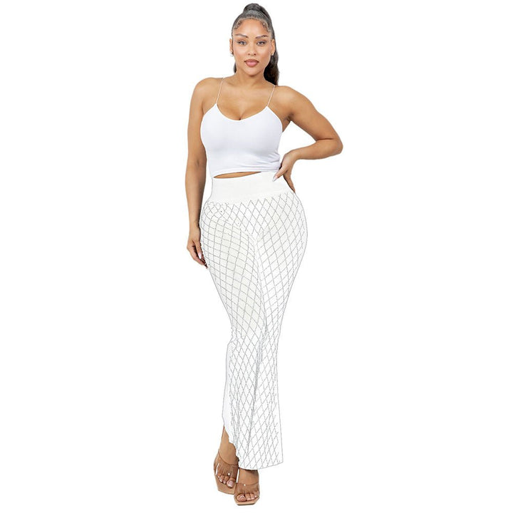 High Waisted Bling Studded Diamond Pattern Flare Leggings - Especially Yours