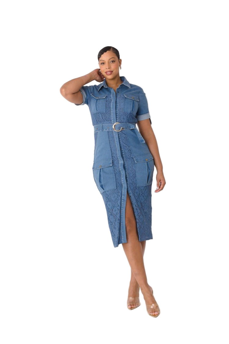 Lace Trimmed Denim Midi Dress - 82746 - Especially Yours