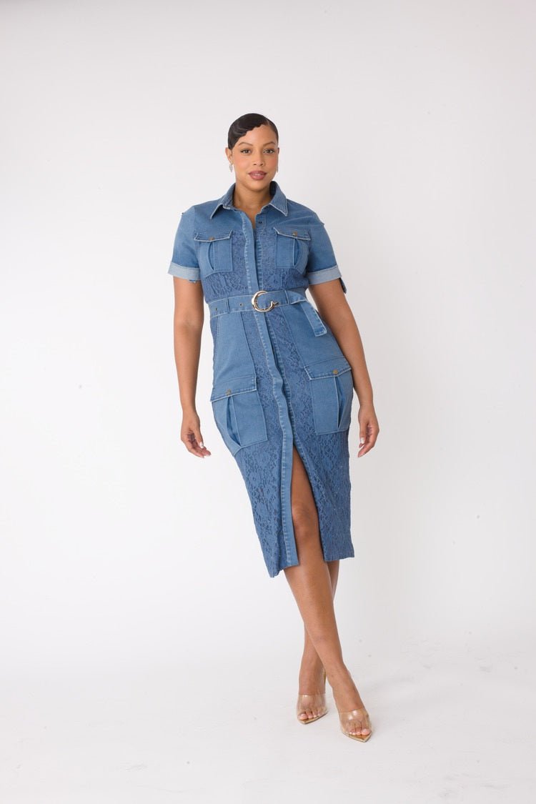 denim dress with lace top Mia Lace-up Long Sleeve button down Denim Dress
