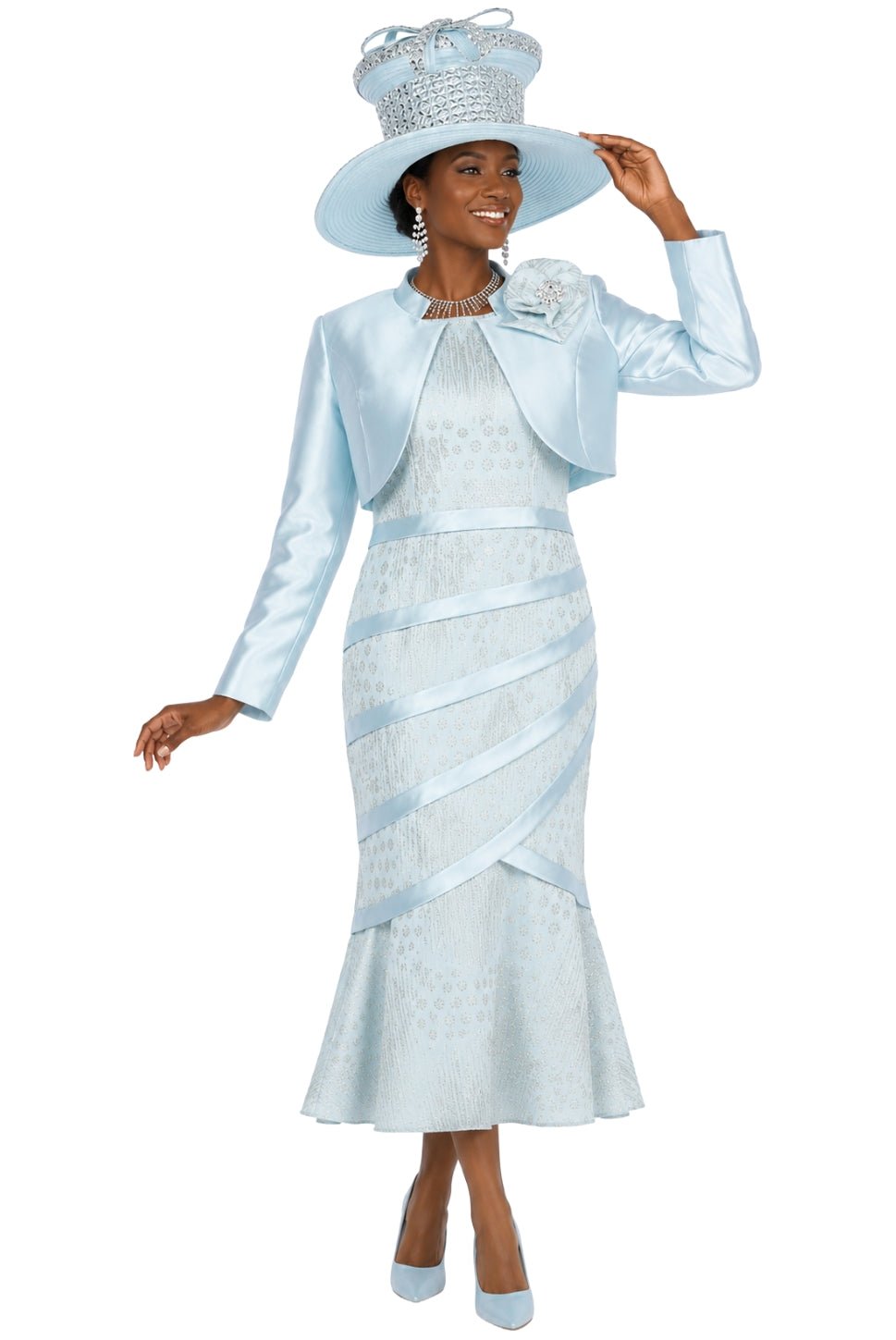 Champagne Italy 6107 Metallic Patterned Dress with Solid Bolero and Brooch - Especially Yours