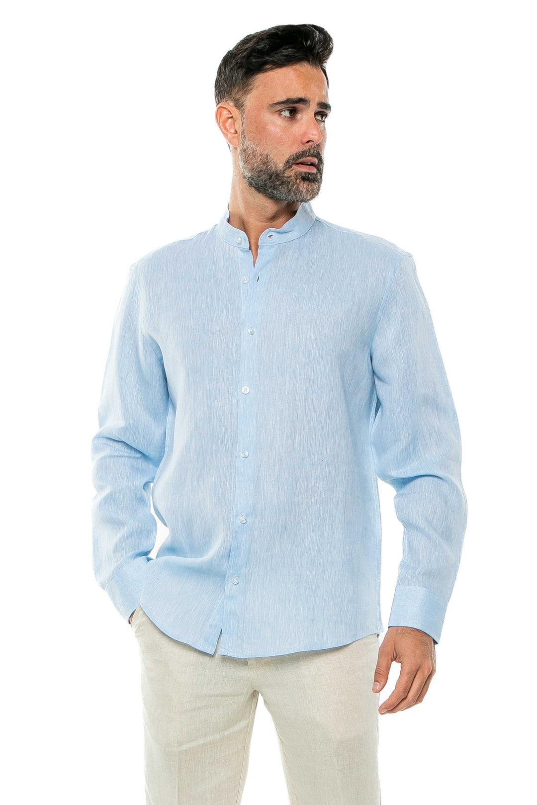 Men's 100% Linen Mandarin Collar Long Sleeve Shirt - Especially Yours