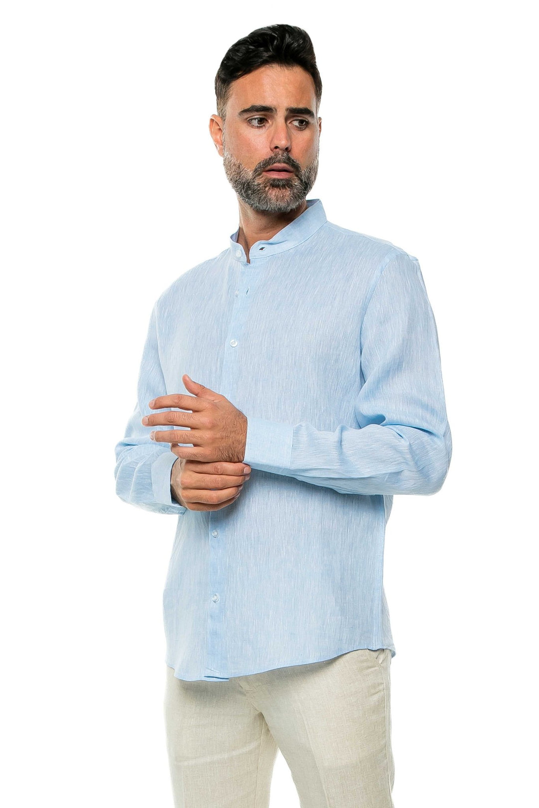 Men's 100% Linen Mandarin Collar Long Sleeve Shirt - Especially Yours