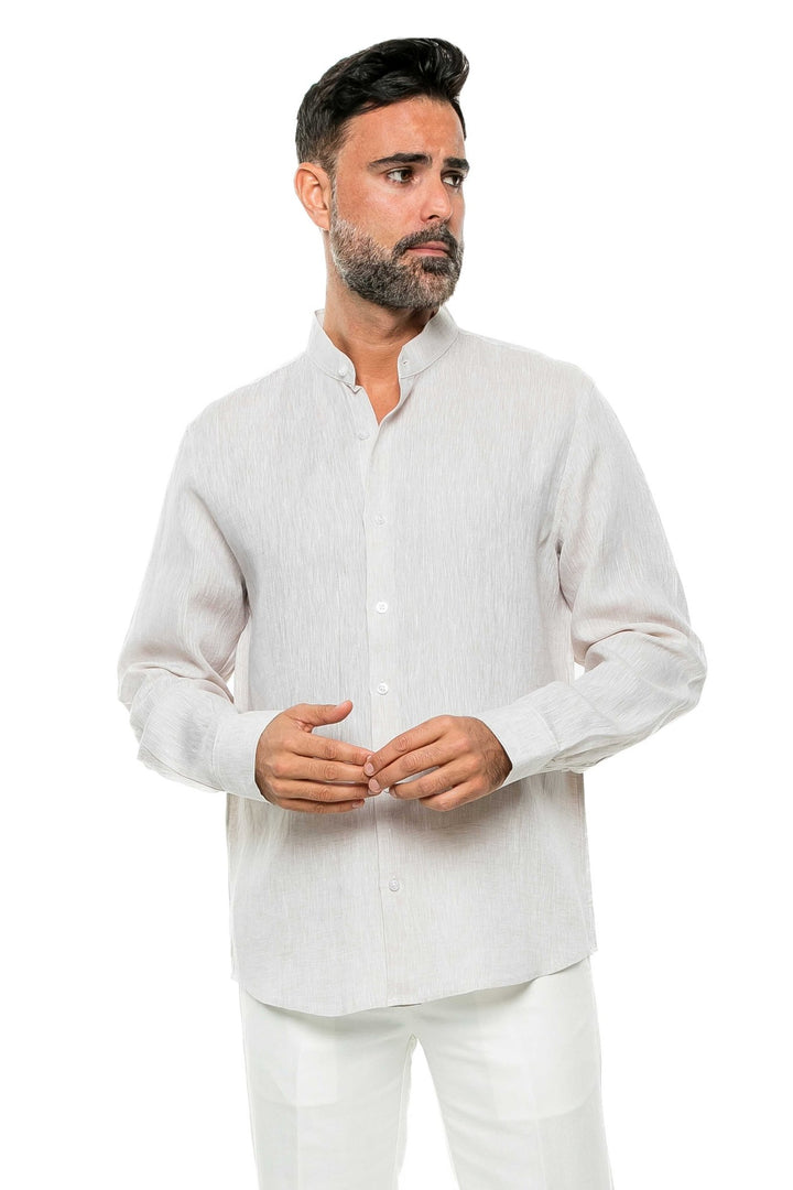 Men's 100% Linen Mandarin Collar Long Sleeve Shirt - Especially Yours