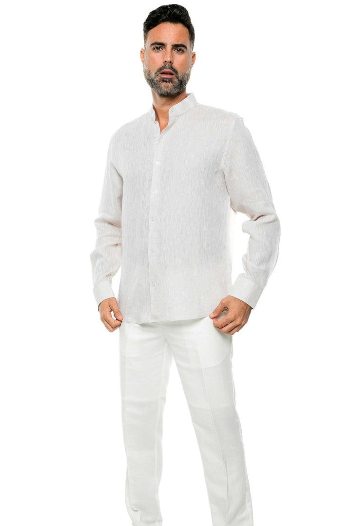 Men's 100% Linen Mandarin Collar Long Sleeve Shirt - Especially Yours