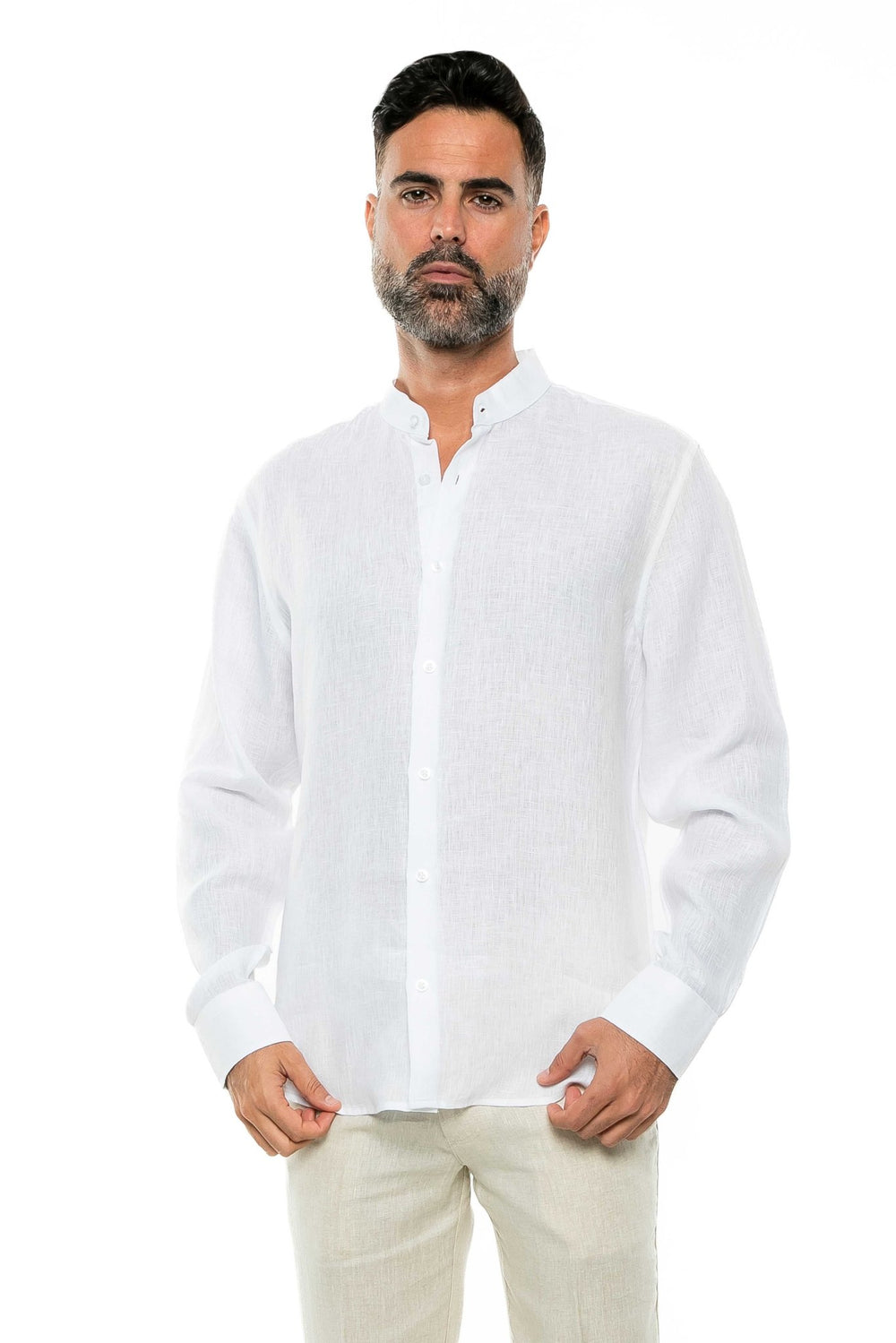 Men's 100% Linen Mandarin Collar Long Sleeve Shirt - Especially Yours