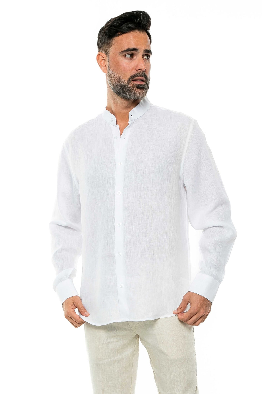 Men's 100% Linen Mandarin Collar Long Sleeve Shirt - Especially Yours