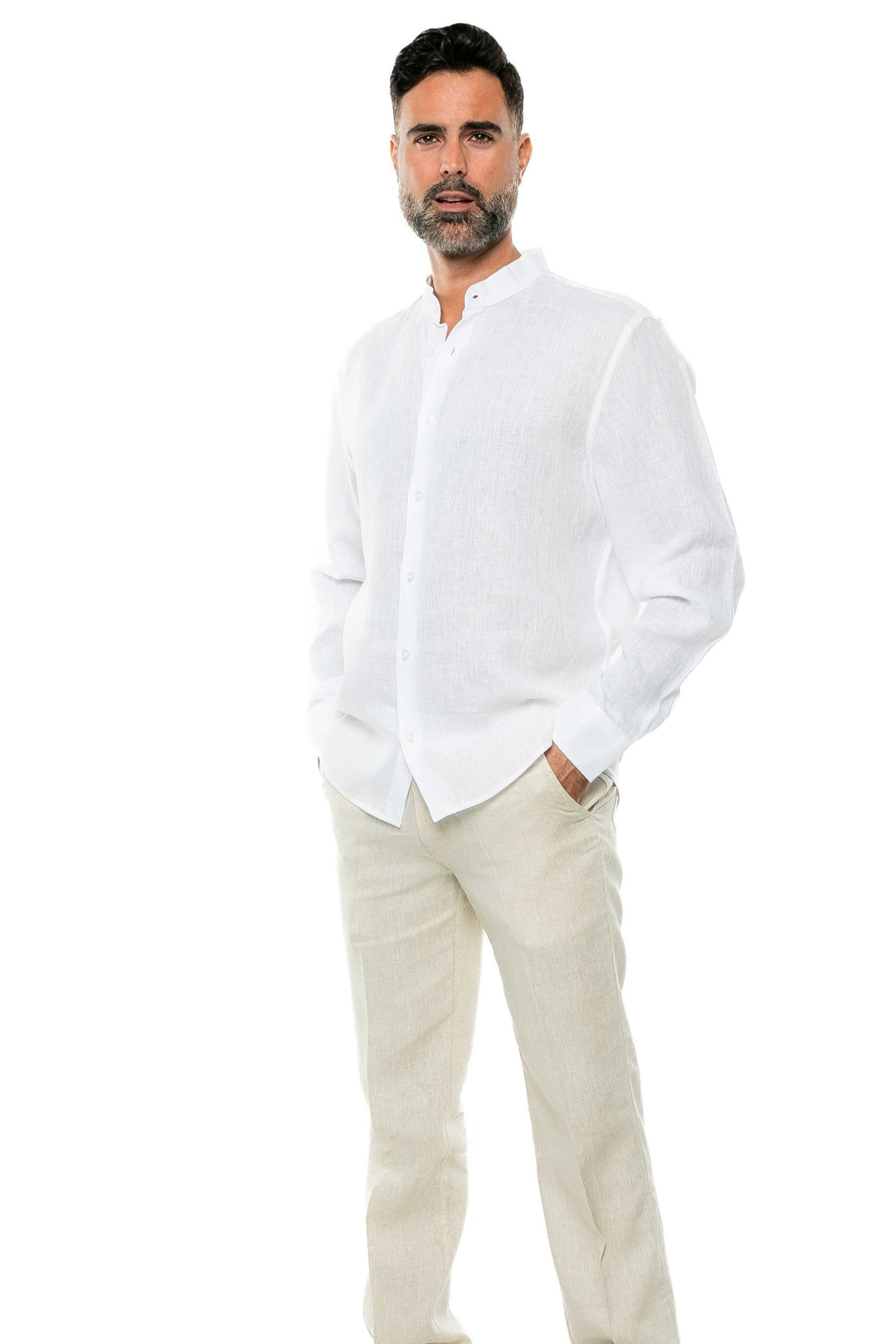 Men's 100% Linen Mandarin Collar Long Sleeve Shirt - Especially Yours