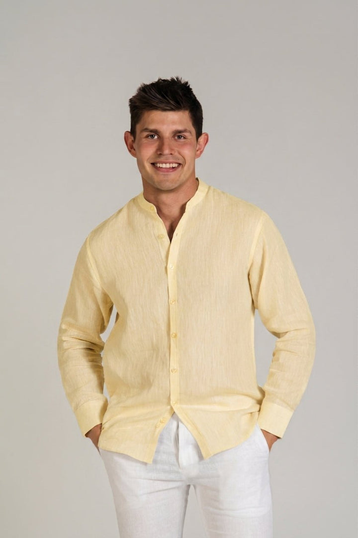Men's 100% Linen Mandarin Collar Long Sleeve Shirt - Especially Yours