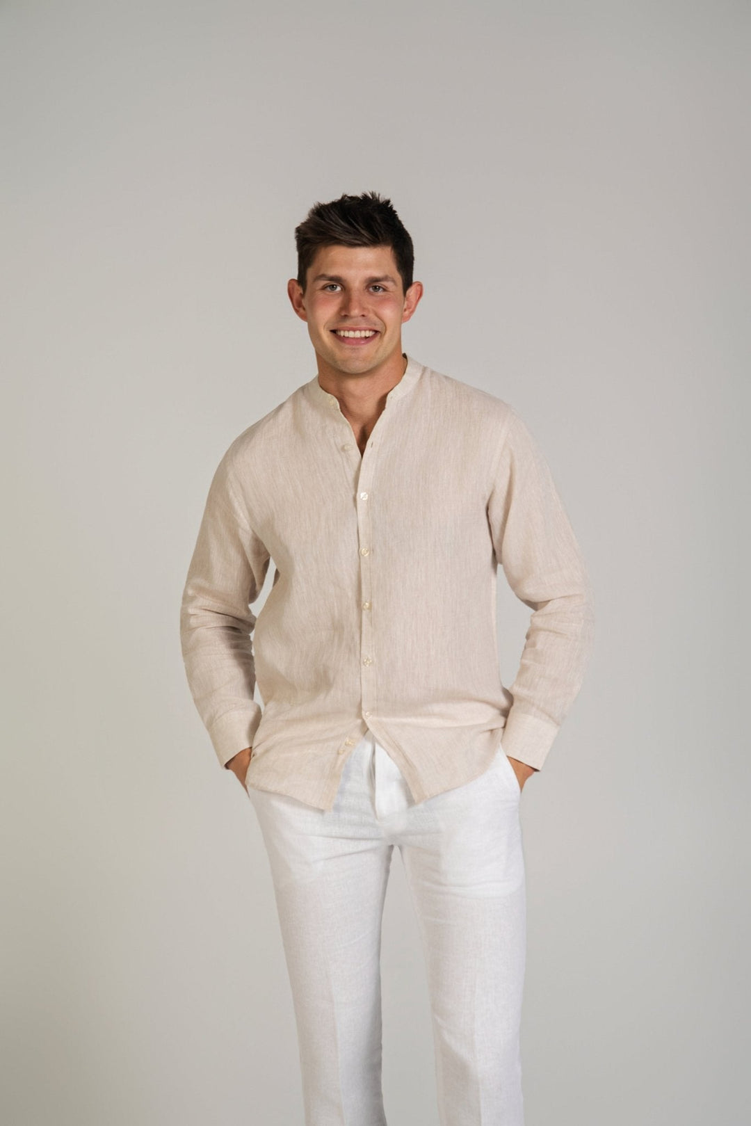 Men's 100% Linen Mandarin Collar Long Sleeve Shirt - Especially Yours