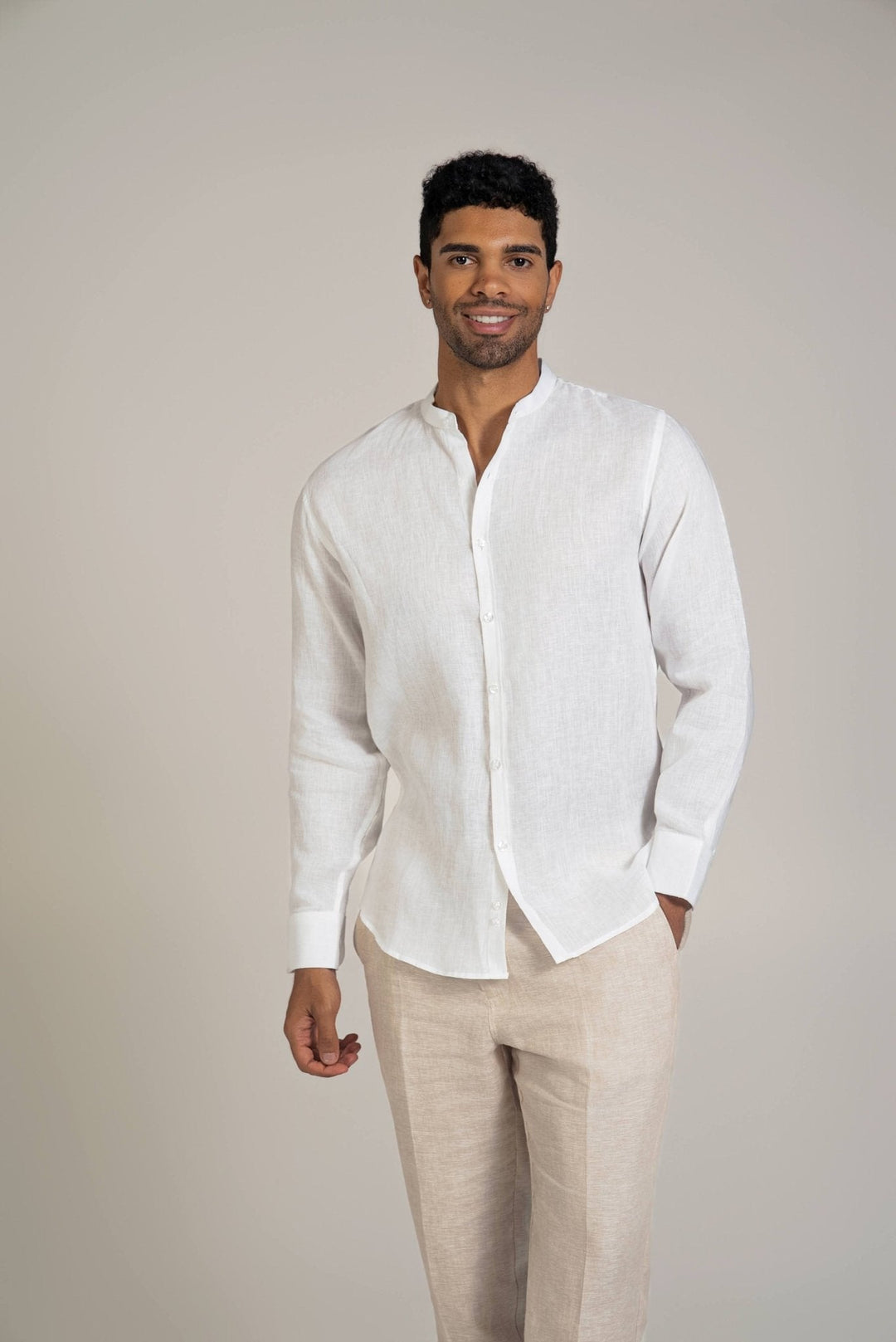 Men's 100% Linen Mandarin Collar Long Sleeve Shirt - Especially Yours