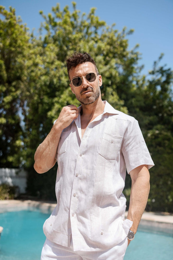 Men's Yarn Dye 100% Linen Guayabera Shirt Short Sleeve 2 Pocket Design - Especially Yours