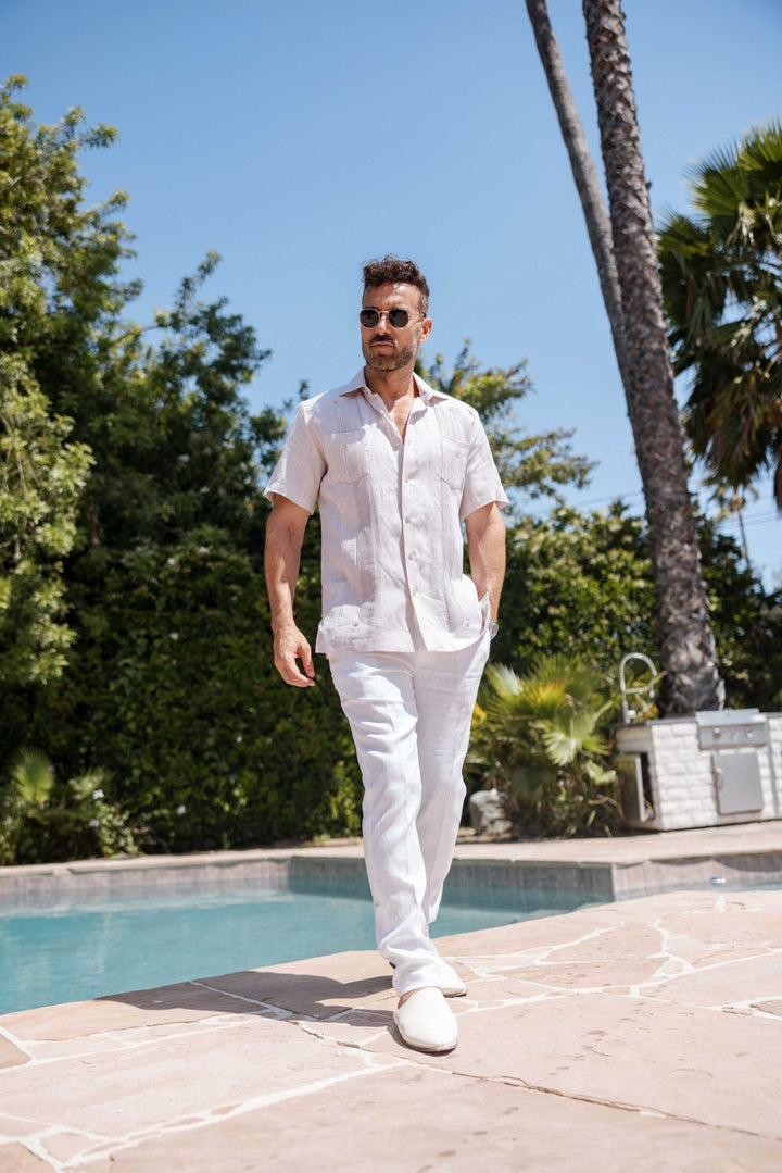 Men's Yarn Dye 100% Linen Guayabera Shirt Short Sleeve 2 Pocket Design - Especially Yours