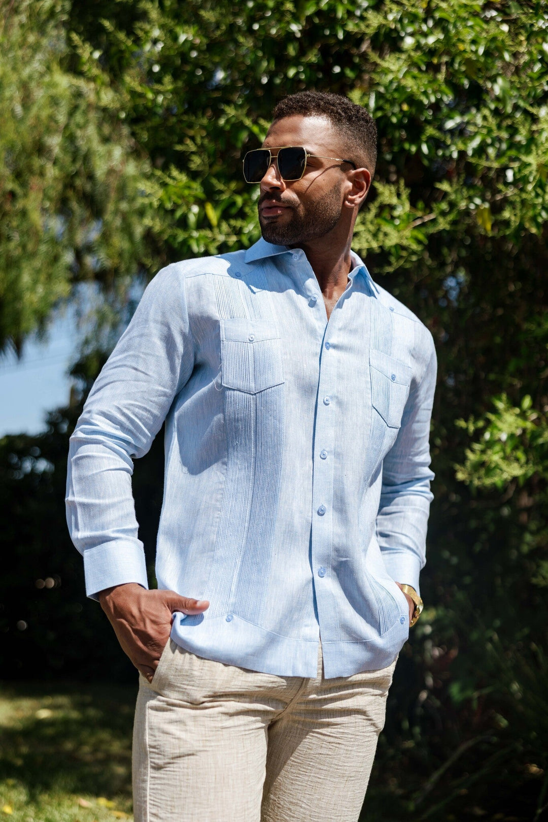 Men's 100% Linen Two - Pocket Design Guayabera Shirt Long Sleeve - Especially Yours