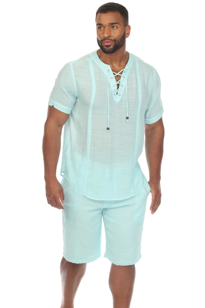 Men's Beachwear Henley Lace Up Shirt Short Sleeve - Especially Yours