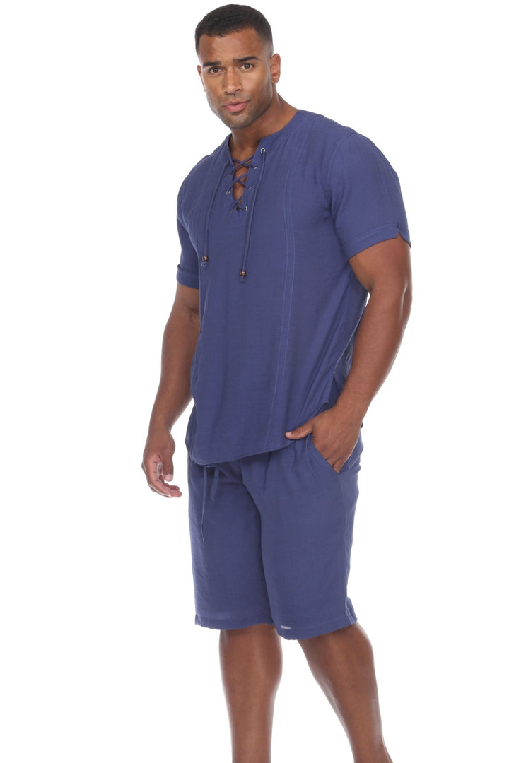 Men's Beachwear Henley Lace Up Shirt Short Sleeve - Especially Yours