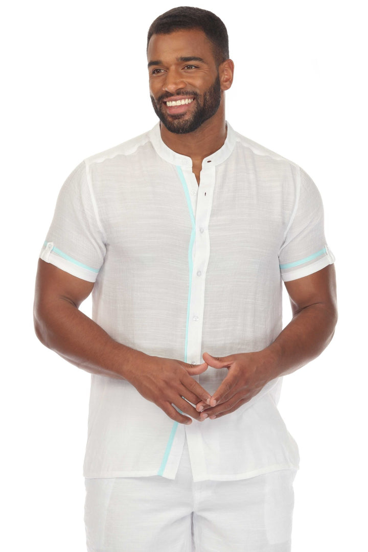 Men's Beach Mandarin Collar Button Down Two Tone Shirt Short Sleeve - Especially Yours
