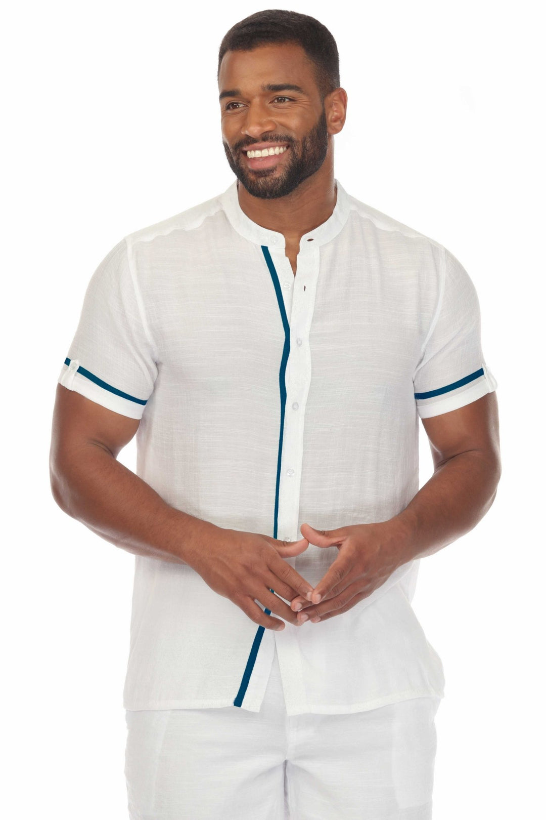 Men's Beach Mandarin Collar Button Down Two Tone Shirt Short Sleeve - Especially Yours