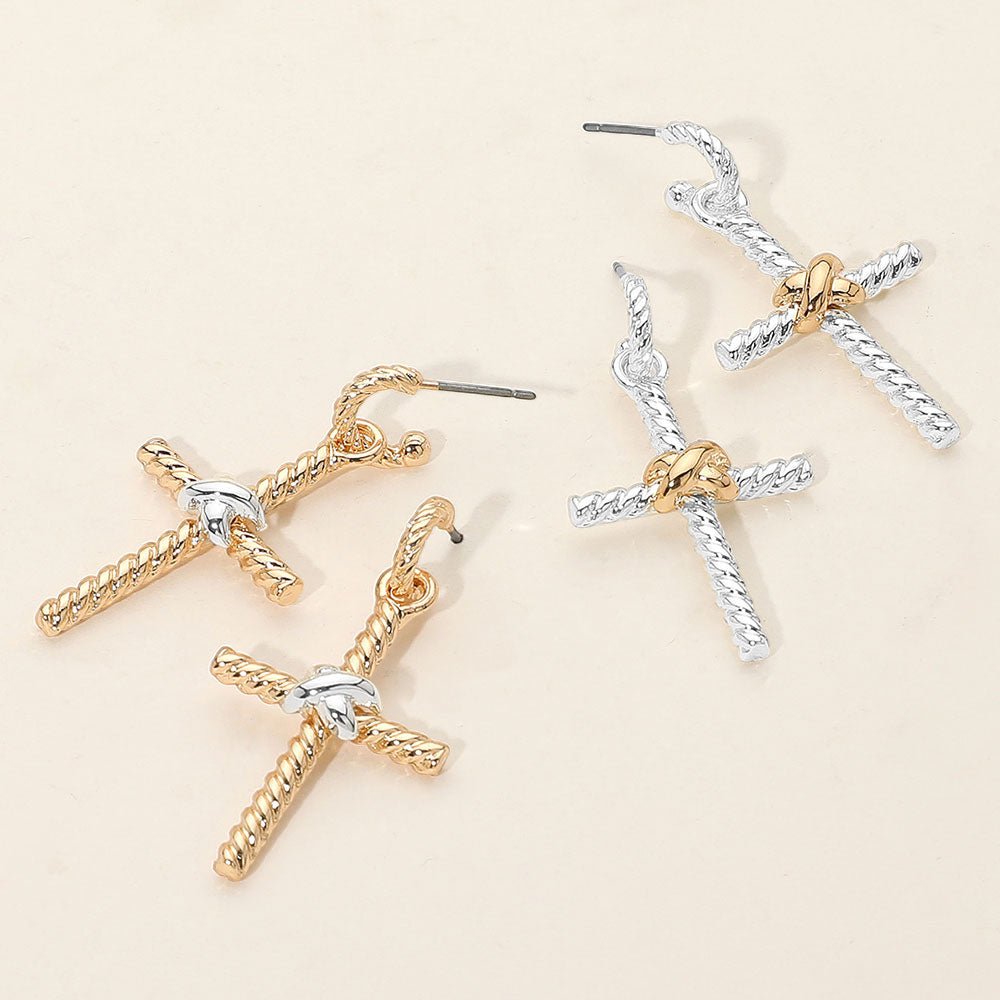 Two Tone Twisted Knot Metal Cross Dangle Earrings - Especially Yours