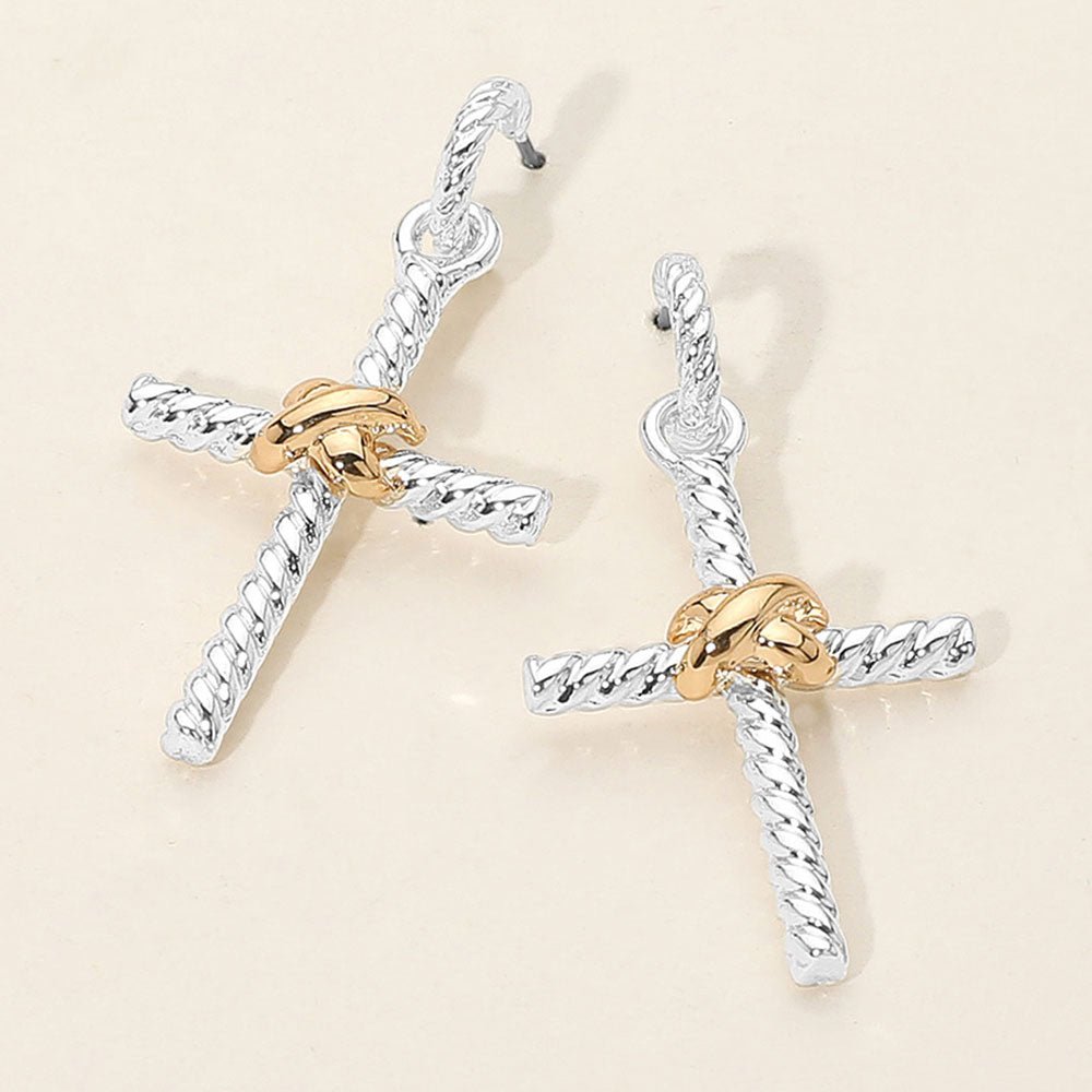 Two Tone Twisted Knot Metal Cross Dangle Earrings - Especially Yours