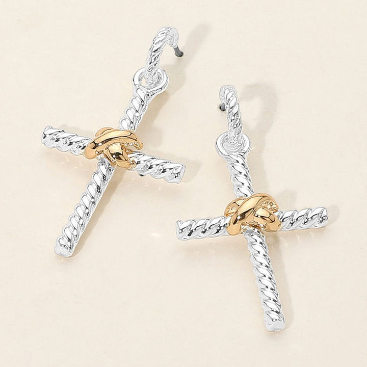 Two Tone Twisted Knot Metal Cross Dangle Earrings - Especially Yours