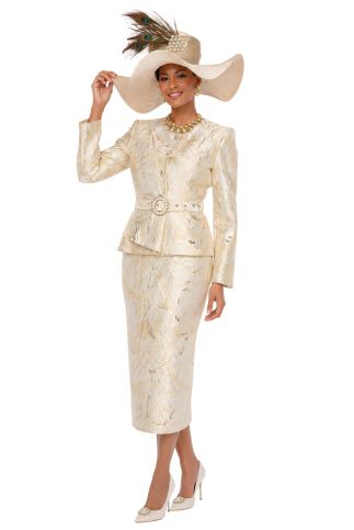 Textured Metallic Brocade Peplum Skirt Suit with Rhinestone Accents - 6256