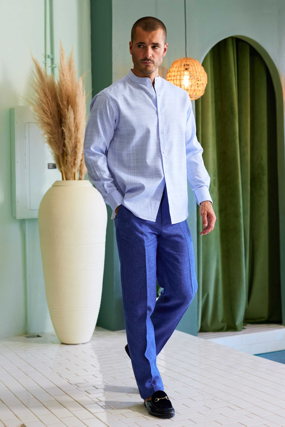 Men's Linen Blend Mandarin Collar Long Sleeve Shirt