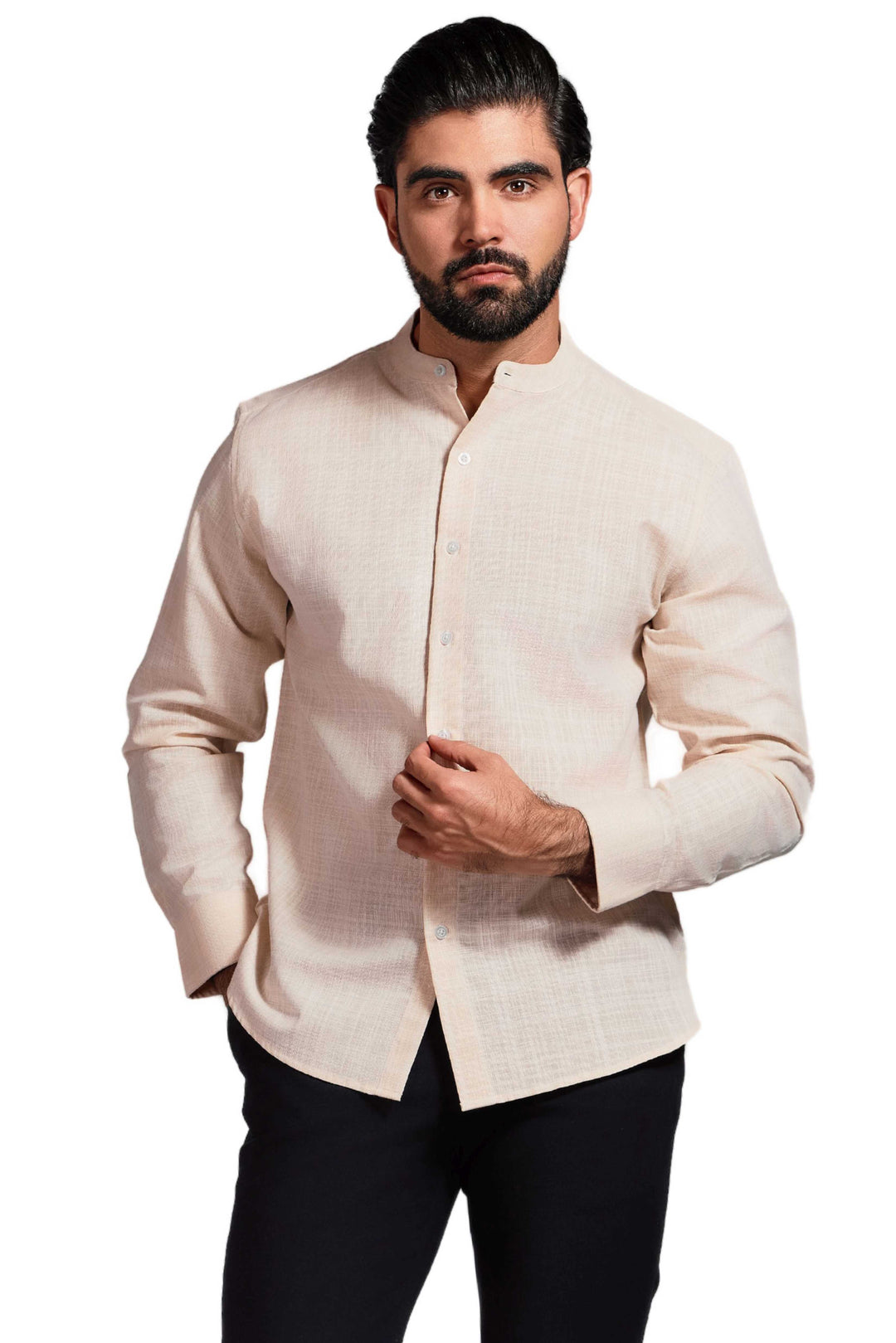 Men's Linen Blend Mandarin Collar Long Sleeve Shirt