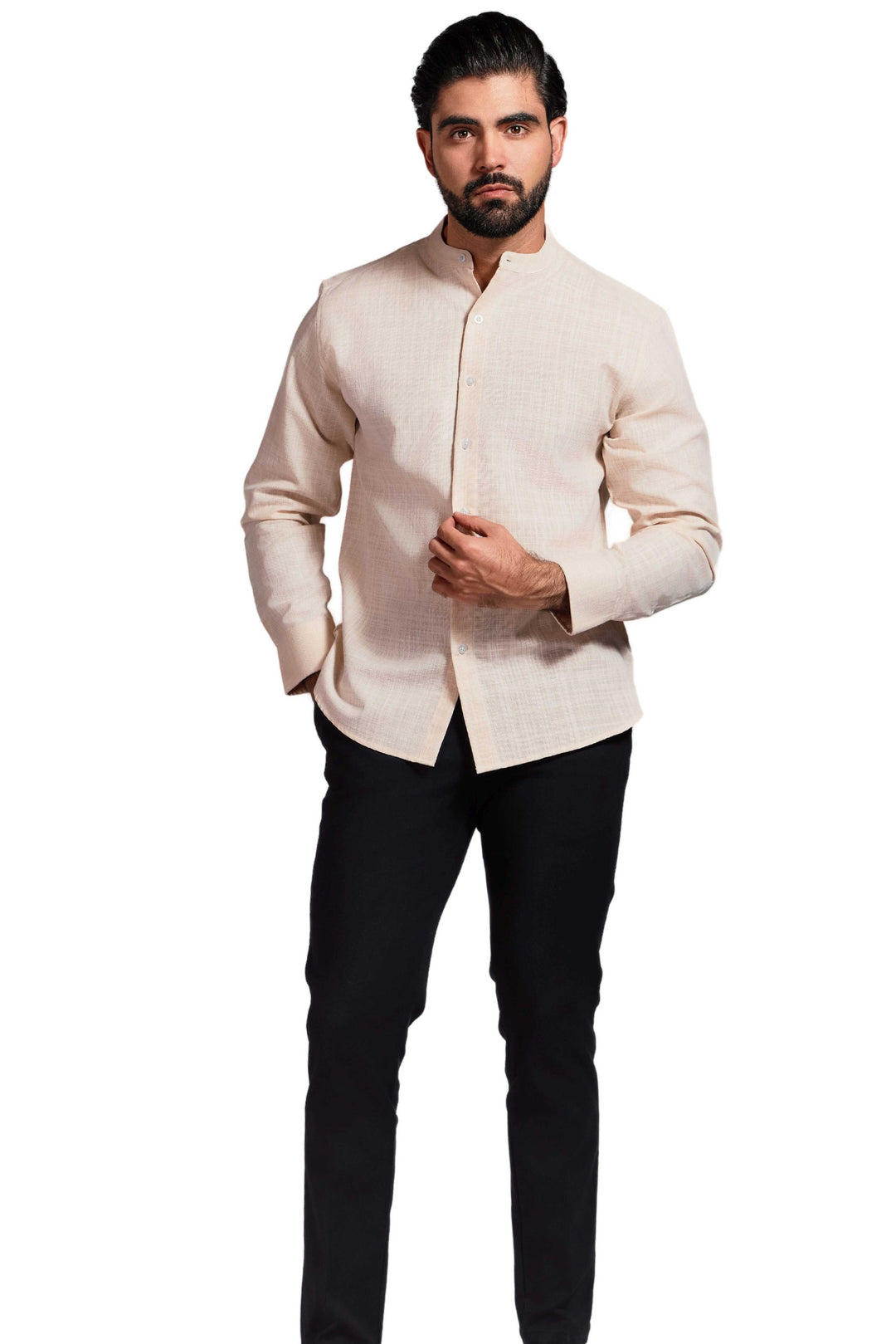 Men's Linen Blend Mandarin Collar Long Sleeve Shirt