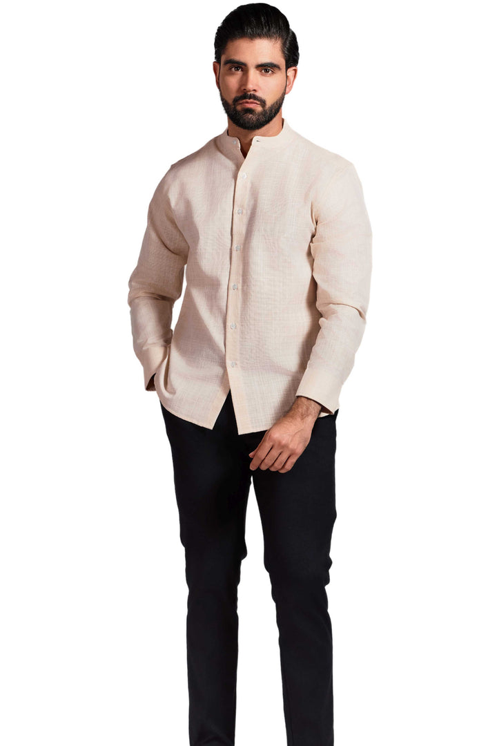 Men's Linen Blend Mandarin Collar Long Sleeve Shirt