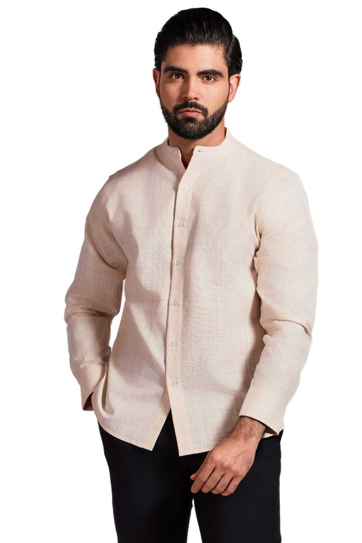 Men's Linen Blend Mandarin Collar Long Sleeve Shirt