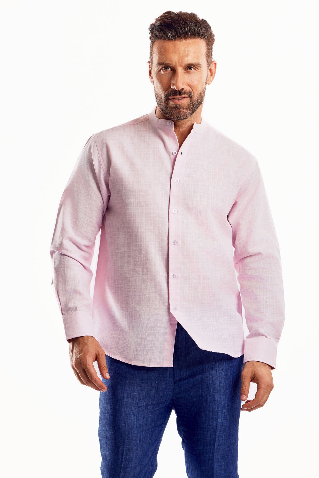 Men's Linen Blend Mandarin Collar Long Sleeve Shirt