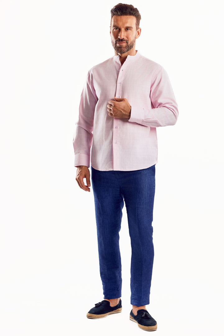 Men's Linen Blend Mandarin Collar Long Sleeve Shirt
